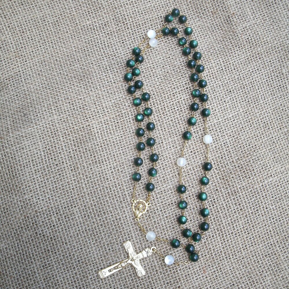 Handmade Gold Pewter Crucifix Rosary Aqua Aura Beads